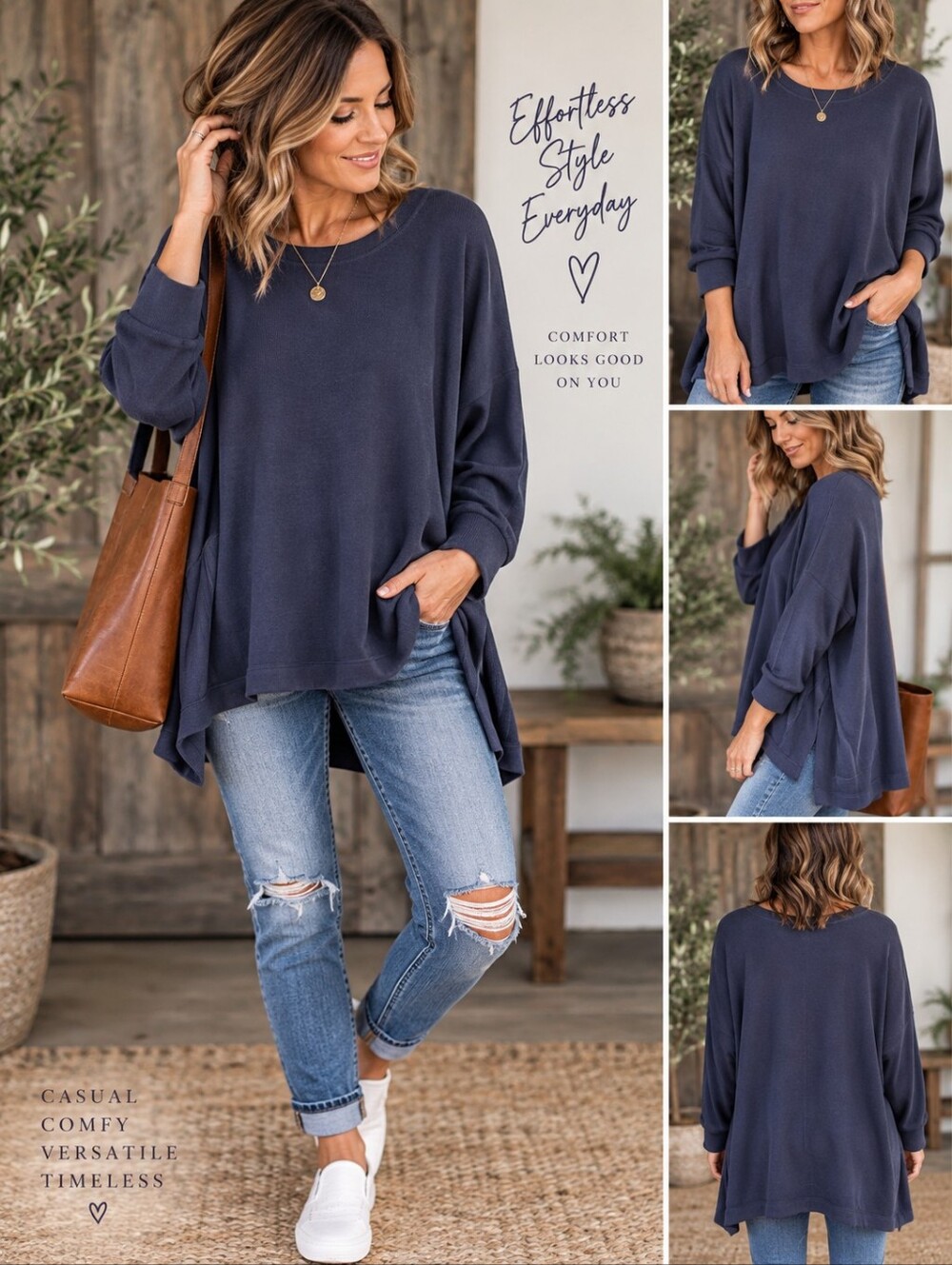 New Directions Studio XL Navy Oversized Tunic Sweatshirt Side Slit